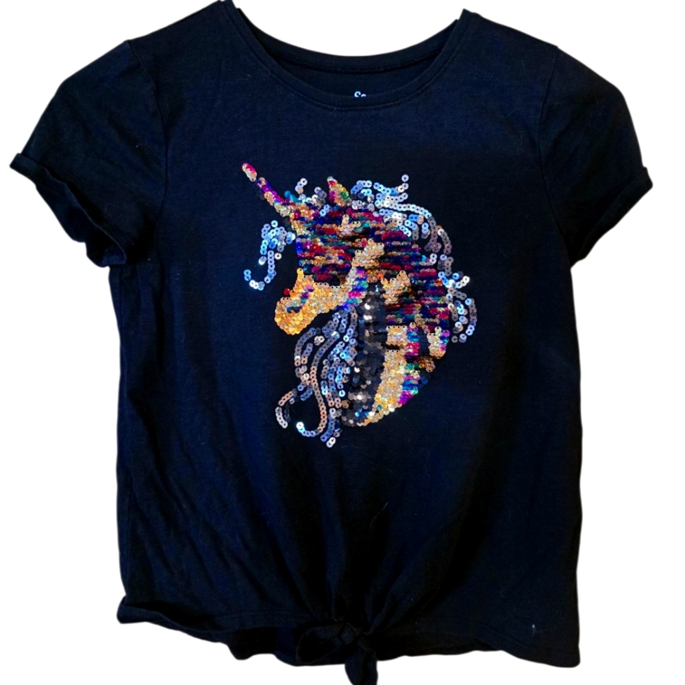 SO Black Tee with Colorful Sequin Unicorn